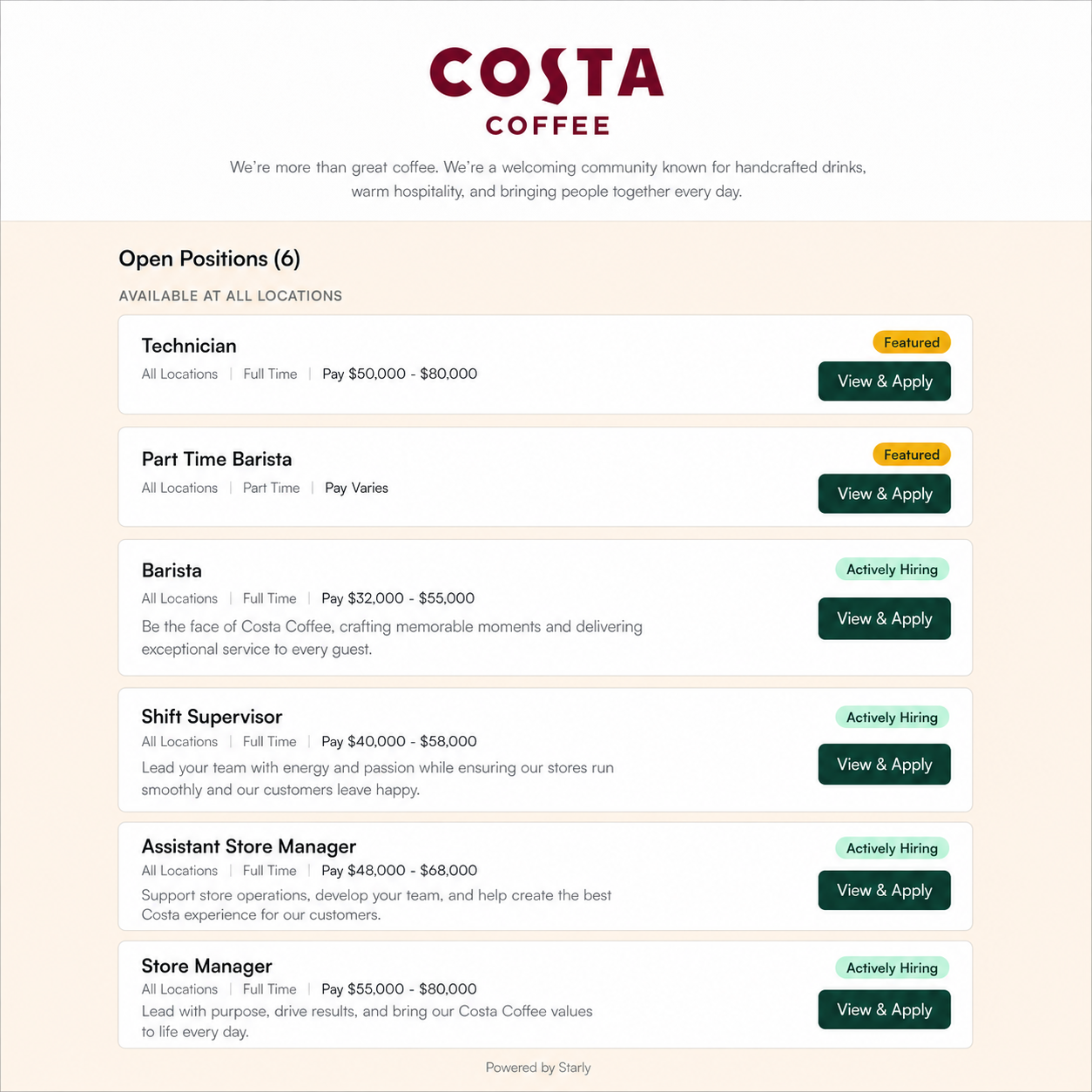 A branded Costa Coffee careers portal powered by Starly, listing open positions with Featured and Actively Hiring tags and View and Apply buttons