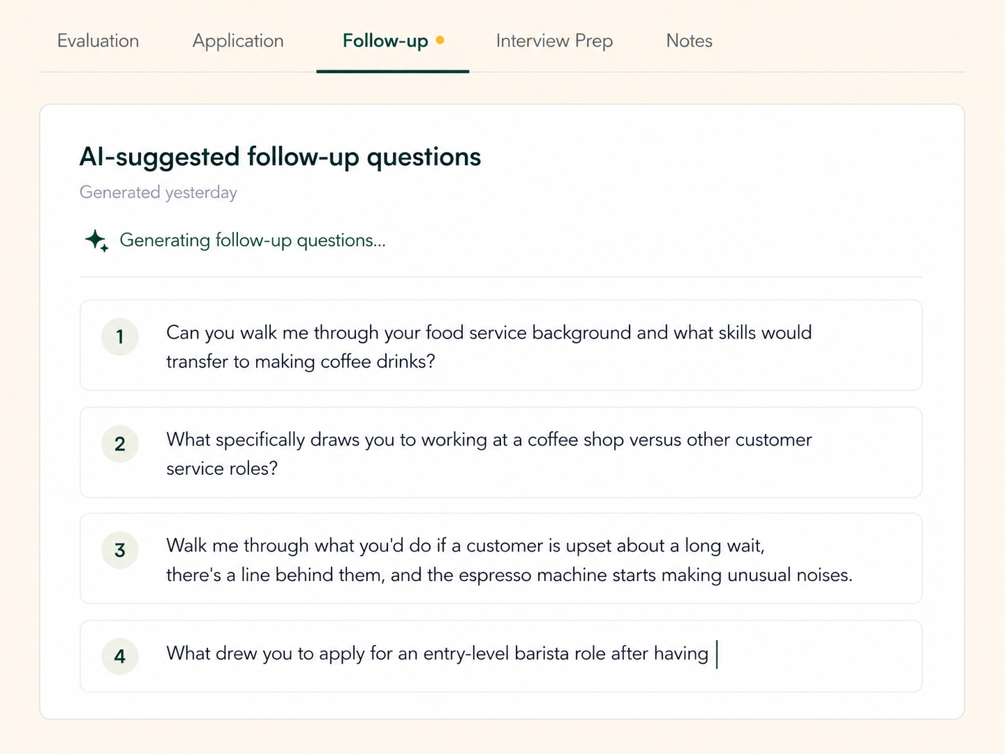 Starly Follow-up tab showing AI-suggested follow-up questions tailored to a specific candidate's resume and work history