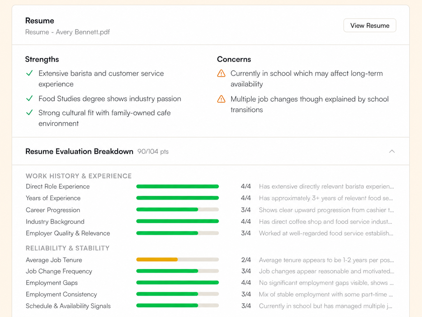Starly resume evaluation breakdown showing strengths, concerns, and per-factor scores across Work History and Reliability categories